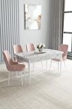 Loft Beyaz Mermer Desen 80x132 Açılabilir Mdf Yemek Odası Takımı 4 Adet Sandalye