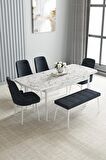 Loft Beyaz Mermer Desen 80x132 Açılabilir Mdf Yemek Odası Takımı 4 Sandalye, 1 Bench