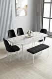 Loft Beyaz Mermer Desen 80x132 Açılabilir Mdf Yemek Odası Takımı 4 Sandalye, 1 Bench