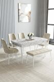 Loft Beyaz Mermer Desen 80x132 Açılabilir Mdf Yemek Odası Takımı 4 Sandalye, 1 Bench