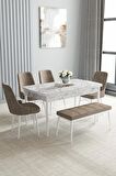 Loft Beyaz Mermer Desen 80x132 Açılabilir Mdf Yemek Odası Takımı 4 Sandalye, 1 Bench