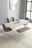 Loft Beyaz Mermer Desen 80x132 Açılabilir Mdf Yemek Odası Takımı 4 Sandalye, 1 Bench