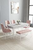 Loft Beyaz Mermer Desen 80x132 Açılabilir Mdf Yemek Odası Takımı 4 Sandalye, 1 Bench