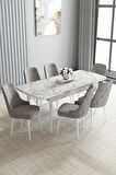 Loft Beyaz Mermer Desen 80x132 Açılabilir Mdf Yemek Odası Takımı 6 Adet Sandalye