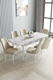 Loft Beyaz Mermer Desen 80x132 Açılabilir Mdf Yemek Odası Takımı 6 Adet Sandalye