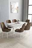 Loft Beyaz Mermer Desen 80x132 Açılabilir Mdf Yemek Odası Takımı 6 Adet Sandalye