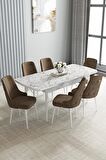 Loft Beyaz Mermer Desen 80x132 Açılabilir Mdf Yemek Odası Takımı 6 Adet Sandalye