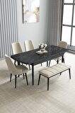 Loft Siyah Mermer Desen 80x132 Açılabilir Mdf Yemek Odası Takımı 4 Sandalye, 1 Bench