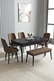 Loft Siyah Mermer Desen 80x132 Açılabilir Mdf Yemek Odası Takımı 4 Sandalye, 1 Bench
