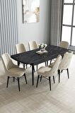 Loft Siyah Mermer Desen 80x132 Açılabilir Mdf Yemek Odası Takımı 6 Adet Sandalye