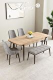 Mabel Meşe Desen 80x132 Açılabilir Mdf Yemek Odası Takımı 4 Sandalye, 1 Bench