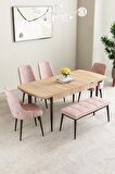 Mabel Meşe Desen 80x132 Açılabilir Mdf Yemek Odası Takımı 4 Sandalye, 1 Bench