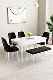 Mabel Beyaz Mermer Desen 80x132 Açılabilir Mdf Yemek Odası Takımı 4 Sandalye, 1 Bench