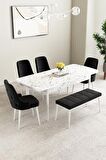 Mabel Beyaz Mermer Desen 80x132 Açılabilir Mdf Yemek Odası Takımı 4 Sandalye, 1 Bench