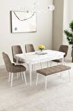 Mabel Beyaz Mermer Desen 80x132 Açılabilir Mdf Yemek Odası Takımı 4 Sandalye, 1 Bench