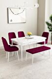 Mabel Beyaz Mermer Desen 80x132 Açılabilir Mdf Yemek Odası Takımı 4 Sandalye, 1 Bench
