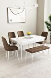 Mabel Beyaz Mermer Desen 80x132 Açılabilir Mdf Yemek Odası Takımı 4 Sandalye, 1 Bench