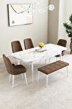 Mabel Beyaz Mermer Desen 80x132 Açılabilir Mdf Yemek Odası Takımı 4 Sandalye, 1 Bench