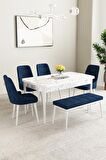 Mabel Beyaz Mermer Desen 80x132 Açılabilir Mdf Yemek Odası Takımı 4 Sandalye, 1 Bench