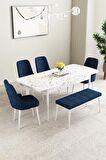 Mabel Beyaz Mermer Desen 80x132 Açılabilir Mdf Yemek Odası Takımı 4 Sandalye, 1 Bench