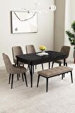 Mabel Siyah Mermer Desen 80x132 Açılabilir Mdf Yemek Odası Takımı 4 Sandalye, 1 Bench
