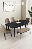 Mabel Siyah Mermer Desen 80x132 Açılabilir Mdf Yemek Odası Takımı 4 Sandalye, 1 Bench