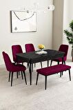 Mabel Siyah Mermer Desen 80x132 Açılabilir Mdf Yemek Odası Takımı 4 Sandalye, 1 Bench