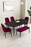 Mabel Siyah Mermer Desen 80x132 Açılabilir Mdf Yemek Odası Takımı 4 Sandalye, 1 Bench