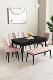 Mabel Siyah Mermer Desen 80x132 Açılabilir Mdf Yemek Odası Takımı 4 Sandalye, 1 Bench