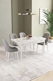 İkon Beyaz Mermer Desen 80x132 Açılabilir Mdf Yemek Odası Takımı 4 Adet Sandalye
