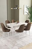 İkon Beyaz Mermer Desen 80x132 Açılabilir Mdf Yemek Odası Takımı 6 Adet Sandalye