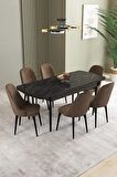 İkon Siyah Mermer Desen 80x132 Açılabilir Mdf Yemek Odası Takımı 6 Adet Sandalye