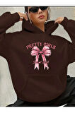 Pertty Gırls Yazı Detay Baskılı İçi Polarlı Kapüşonlu Sweatshirt