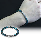 Turkuaz Kaplangözü Metal Kombinli Kişiye Özel İsim Yazılı Küre Kesim Doğaltaş Bileklik