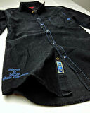 Slim Fit Saf Pamuk Denim Kumaş Kot Gömlek--koyulacivert---
