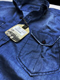 Slim Fit Saf Pamuk Denim Kumaş Kot Gömlek- -koyu mavi--
