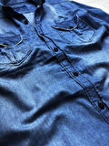 Slim Fit Saf Pamuk Denim Kumaş Kot Gömlek- -koyu mavi--