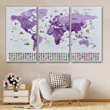 Harita Sepeti Türkçe Dünya Haritası Ayrıntılı Eğitici Sembollü Bayraklı Kanvas Tablo 2818