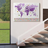 Harita Sepeti Türkçe Dünya Haritası Ayrıntılı Eğitici Sembollü Bayraklı Kanvas Tablo 2818