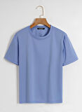 Unisex Oversize Bisiklet Yaka Düz Basic T-Shirt - MAVİ