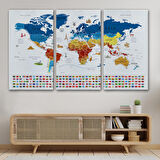 Harita Sepeti Dünya Haritası Ayrıntılı Eğitici Sembollü Bayraklı Dekoratif Kanvas Tablo 2821