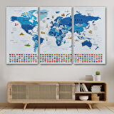 Harita Sepeti Dünya Haritası Ayrıntılı Eğitici Sembollü Bayraklı Dekoratif Kanvas Tablo 2829
