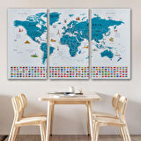 Harita Sepeti Dünya Haritası Ayrıntılı Eğitici Sembollü Bayraklı Dekoratif Kanvas Tablo 2831