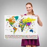 Harita Sepeti Türkçe Dünya Haritası Ayrıntılı Eğitici Sembollü Bayraklı Dekoratif Kanvas Tablo 2832