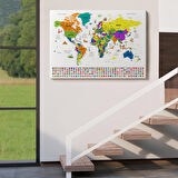 Harita Sepeti Türkçe Dünya Haritası Ayrıntılı Eğitici Sembollü Bayraklı Dekoratif Kanvas Tablo 2832