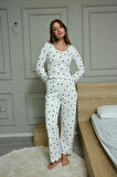 Kadın Kalp Desenli Dantel Ve Düğme Detaylı Pijama Takımı