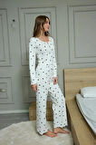 Kadın Kalp Desenli Dantel Ve Düğme Detaylı Pijama Takımı