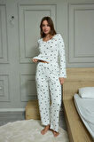 Kadın Kalp Desenli Dantel Ve Düğme Detaylı Pijama Takımı