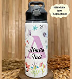 Kişiye Özel İsimli Kız Çocuk Çiçekli Unicorn Temalı Pipetli Suluk Matara 650 ml