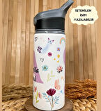 Kişiye Özel İsimli Kız Çocuk Çiçekli Unicorn Temalı Pipetli Suluk Matara 650 ml
